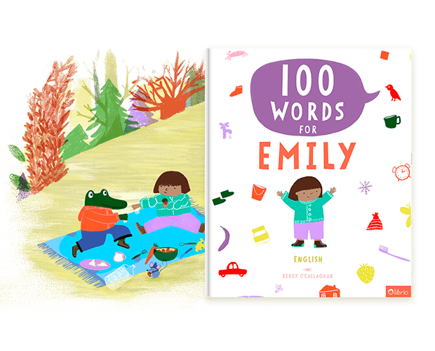 The cover of a personalized bilingual book titled 100 Words next to a colorful illustration of an outdoor picnic with animal characters.