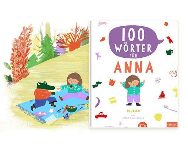 Das Cover eines personalisierten bilingualen Buchs mit dem Titel 100 Wörter neben einer farbenfrohen Illustration eines Picknicks im Freien mit Tierfiguren.