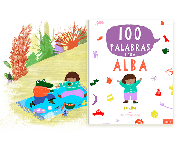 La portada de un libro bilingüe personalizado titulado 100 palabras junto a una colorida ilustración de un pícnic al aire libre con personajes de animales.