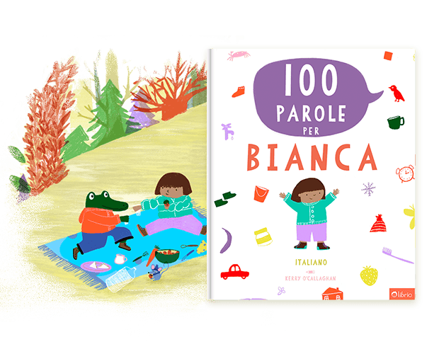 La copertina di un libro bilingue personalizzato intitolato 100 parole accanto a una colorata illustrazione di un picnic all'aperto con personaggi di animali.