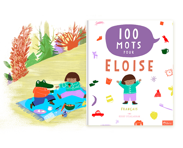 La couverture d'un livre personnalisé bilingue intitulé 100 mots à côté d'une illustration colorée d'un pique-nique en plein air avec des personnages d'animaux.