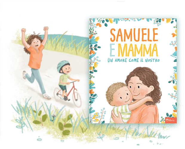 La copertina di un libro personalizzato per mamme intitolato Un amore come il nostro che mostra l'illustrazione di una madre che abbraccia il suo bambino, accanto all'illustrazione di una madre che fa il tifo mentre il suo bambino va in bicicletta.