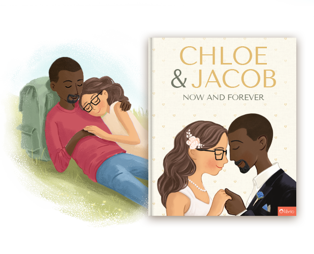 The cover of a personalized wedding book titled Now and Forever showing a bride and groom holding hands, next to an illustration of them relaxing in the grass.