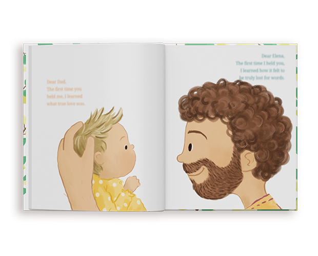 Un libro personalizado para padres abierto que muestra ilustraciones de una familia animando a un niño en bicicleta y un padre consolando a su hijo.