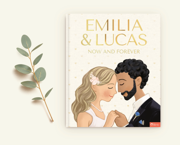 A personalized wedding book titled Now and Forever showing a bride and groom holding hands, next to an illustrated branch with green leaves on a light background.