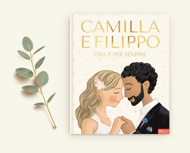 Un libro di nozze personalizzato intitolato Ora e per sempre che mostra una sposa e uno sposo che si tengono per mano, accanto a un ramo illustrato con foglie verdi su uno sfondo chiaro.