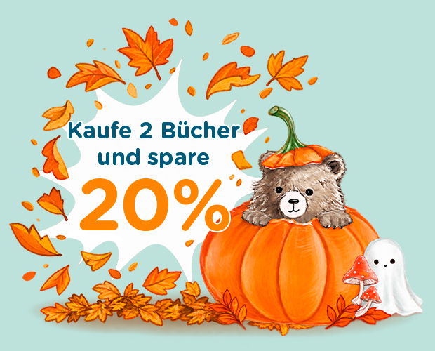 Bär im Kürbis, Geist und Pilze zwischen Ahornblättern; Text: „Kaufe 2 Bücher und spare 20%"