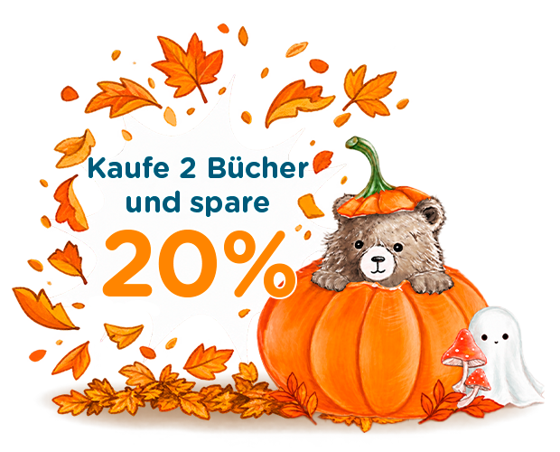 Bär im Kürbis, Geist und Pilze zwischen Ahornblättern; Text: „Kaufe 2 Bücher und spare 20%"
