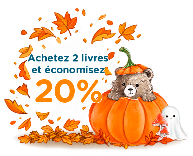 Un ours dans une citrouille, un fantôme et des champignons parmi des feuilles d'érable ; texte : « Achetez 2 livres et économisez 20% »