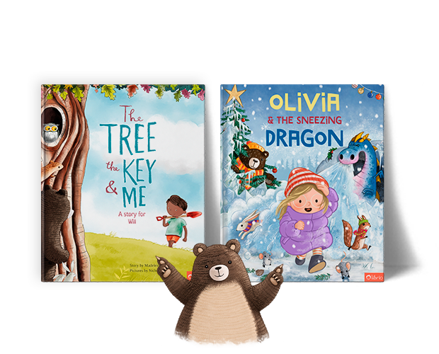 An illustration shows a friendly brown bear with its arms raised in front of two personalized children's books titled The Tree, the Key & Me and The Sneezing Dragon, on a white background.
