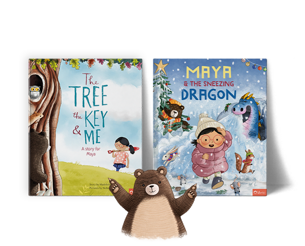 An illustration shows a friendly brown bear with its arms raised in front of two personalized children's books titled The Tree, the Key & Me and The Sneezing Dragon, on a white background.