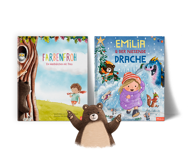 Eine Illustration zeigt einen freundlichen braunen Bären mit erhobenen Armen vor zwei personalisierten Kinderbüchern mit den Titeln Farbenfroh und Der niesende Drache auf weißem Hintergrund.
