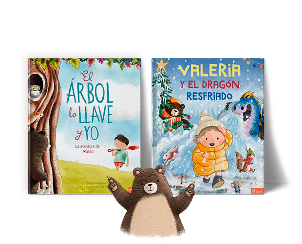 Una ilustración muestra a un oso marrón simpático con los brazos en alto delante de dos libros infantiles personalizados titulados El árbol, la llave y yo y El dragón resfriado, sobre un fondo blanco.