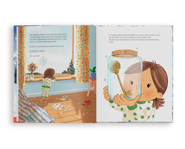 Un libro infantil personalizado abierto, titulado El dragón resfriado, muestra una doble página ilustrada: un peque en pijama mira la nieve por la ventana junto a un pequeño árbol de Navidad y, en la página de enfrente, sonríe mientras sostiene un frasco de cristal con una llave dorada dentro.
