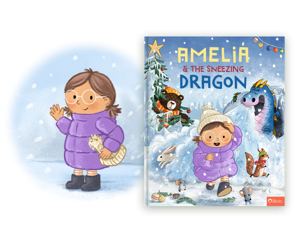 An illustration shows a smiling girl with round glasses and pigtails, wearing a puffy winter coat and boots, waving in the falling snow, next to the cover of a personalized children's book titled The Sneezing Dragon, which features a bear, a squirrel, a rabbit and a dragon in a snowy scene.