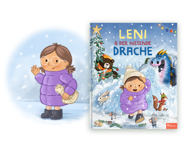 Eine Illustration zeigt ein lächelndes Mädchen mit runder Brille und Zöpfen, in dicker Winterjacke und Stiefeln, das im Schneefall winkt, neben dem Cover eines personalisierten Kinderbuchs mit dem Titel Der niesende Drache, auf dem ein Bär, ein Eichhörnchen, ein Hase und ein Drache in einer Schneelandschaft zu sehen sind.