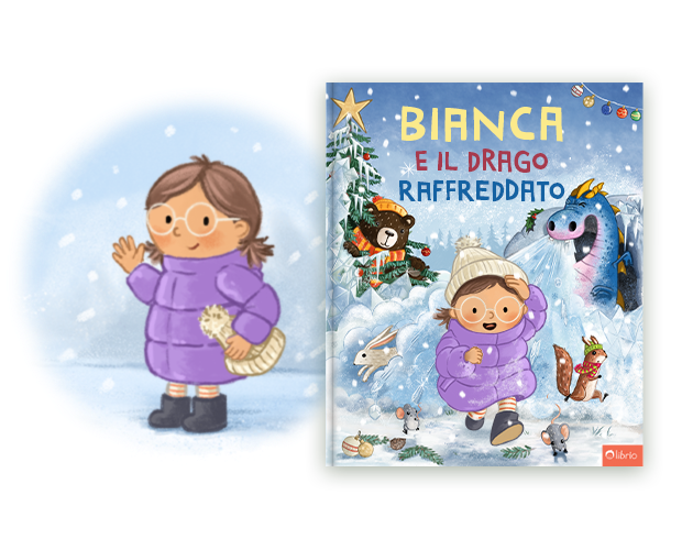 Un'illustrazione mostra una bambina sorridente con occhiali rotondi e codini, con un piumino e degli stivali, che saluta sotto la neve, accanto alla copertina di un libro per bambini personalizzato intitolato Il drago raffreddato, in cui compaiono un orso, uno scoiattolo, una lepre e un drago in un paesaggio innevato.