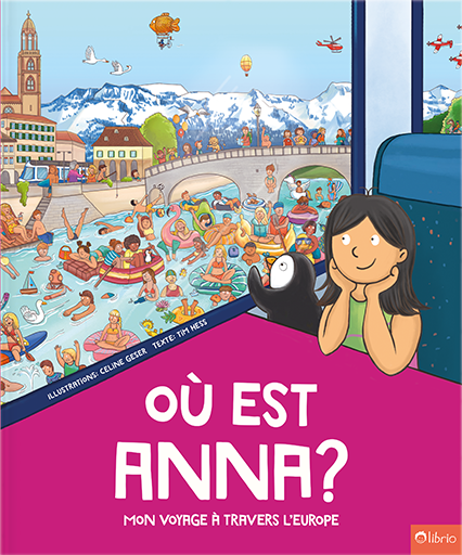 Couverture du livre pour enfants personnalisé Où est Anna ? Mon voyage à travers l’Europe, avec une petite fille et un pingouin dans un train qui regardent par la fenêtre une scène de baignade dans une rivière en ville.