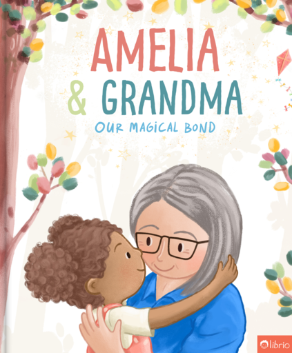 Cover of the personalized book Our Magical Bond, showing a smiling grandma with gray hair and glasses hugging her curly-haired granddaughter beside a tree with colorful leaves.
