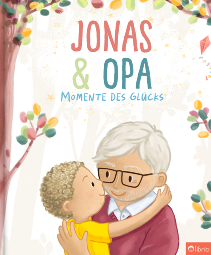 Buchcover des personalisierten Buchs Momente des Glücks, mit einem lächelnden Opa mit grauen Haaren, Brille und Bart, der seinen Enkel mit lockigen Haaren umarmt, neben einem Baum mit bunten Blättern.
