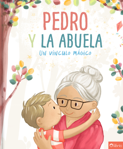 Portada del libro personalizado Un vínculo mágico, con una abuela sonriente con gafas y moño que abraza a su nieto, junto a un árbol de hojas de colores.