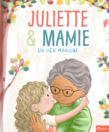 Couverture du livre personnalisé Un lien magique, avec une mamie à lunettes aux cheveux gris qui serre dans ses bras sa petite-fille aux cheveux blonds bouclés, sous un arbre aux feuilles colorées.