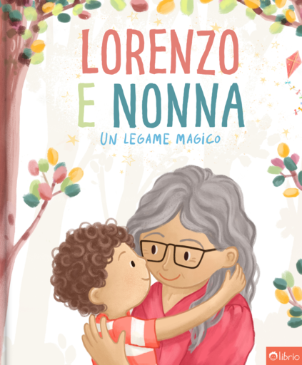 Copertina del libro personalizzato Un legame magico, con una nonna con gli occhiali e i capelli grigi che abbraccia il suo nipotino dai capelli ricci, sotto un albero dalle foglie colorate.