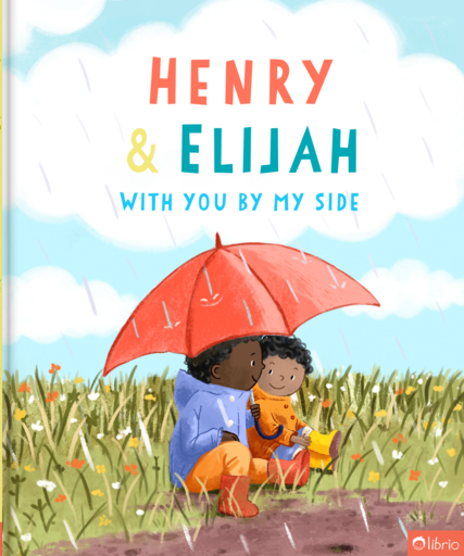 Cover of the personalized children’s book With You by My Side, with two children sitting close together under a red umbrella in the rain, in a meadow with wildflowers.