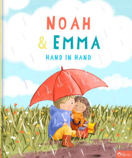 Buchcover des personalisierten Kinderbuchs Hand in Hand, mit zwei Kindern, die dicht beieinander unter einem roten Regenschirm im Regen auf einer Blumenwiese sitzen.