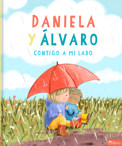 Portada del libro infantil personalizado Contigo a mi lado, con dos niños sentados muy juntos bajo un paraguas rojo en una pradera de flores bajo la lluvia.
